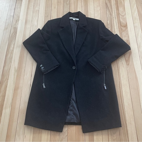 DKNY Charcoal/Black Grid Print Wool Blend Single Button Coat - Sz 8 - Picture 3 of 16